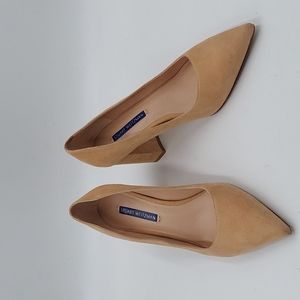 Stuart Weitzman Womens Tan Suede Leather Pointed Toe Block Heel pumps